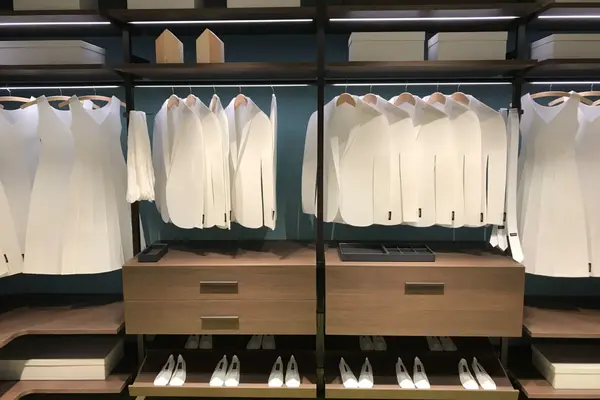 Moderner Kleiderschrank mit weißen Papieranzügen, Kleidern und Schuhen auf Holzregalen.